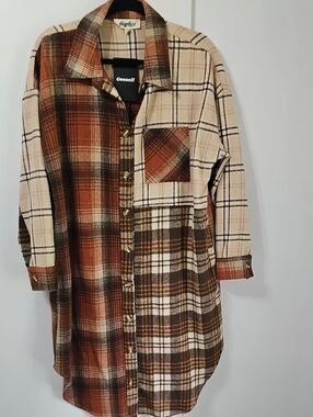 Plaid Button-Front Long Shacket - Brown Multi